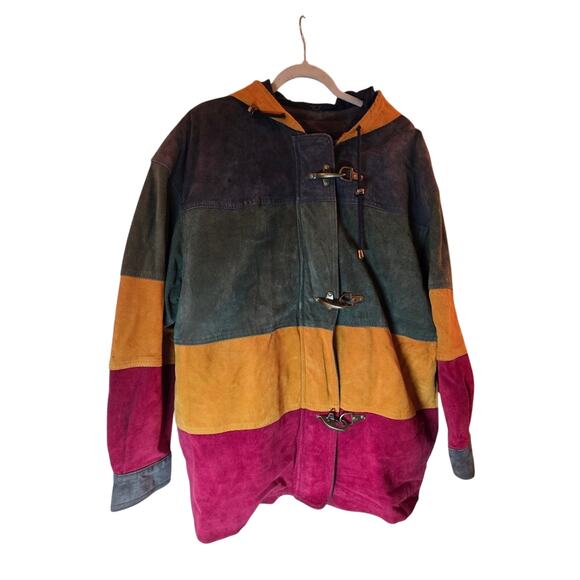 Vtg 90s Y2K Colorblock Stripped Leather Trench Coat Hood Outdoor Exchange L Read - Picture 1 of 15